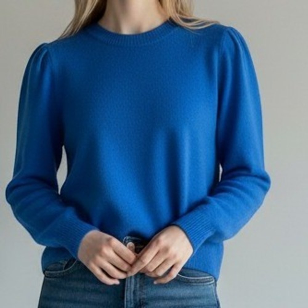 LOFT Sweater XL Blue Excellent Puff Shoulder Crewneck Knit Top